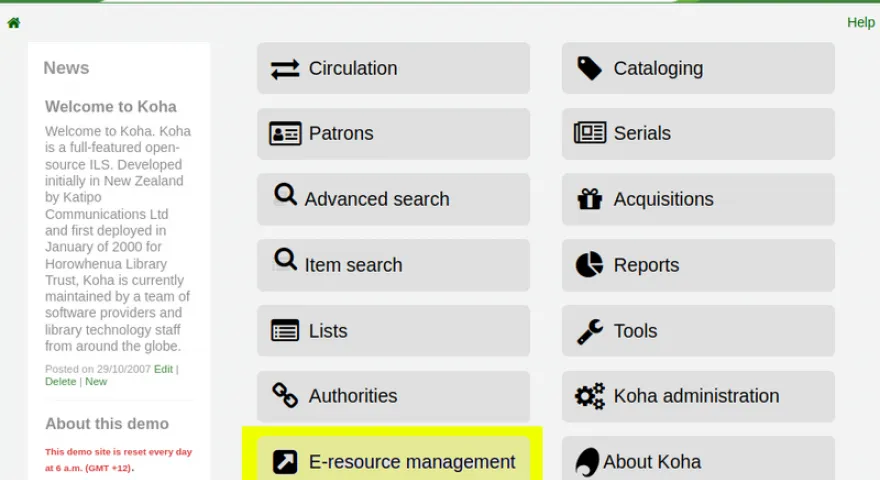 E resource management module link highlighted yellow on the Koha staff client home page after the ERMModule system preference is enabled.