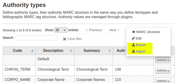 The Administration Authority types now has two new options Export and Import highlighted yellow under the Actions button for each authority type