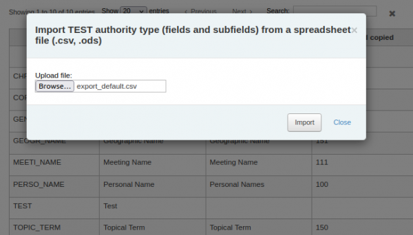 The import authority type pop up where the export default.csv has been selected for import into the TEST authority type.