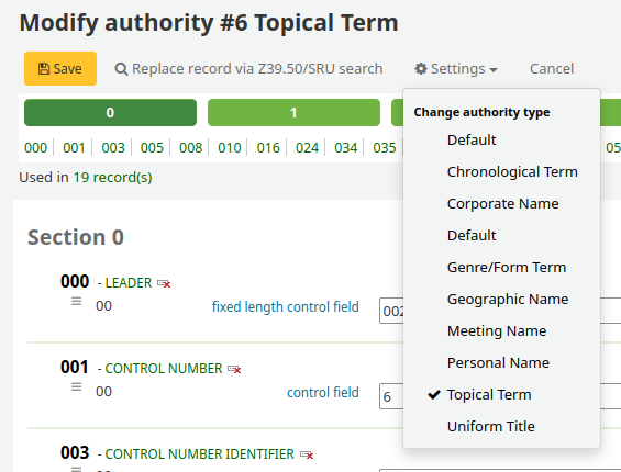 The authority type can be changed from within the Settings menu while editing an authority record.