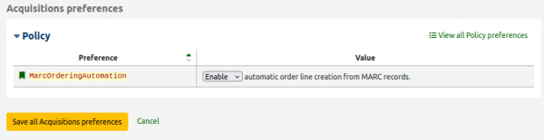 The new MarcOrderingAutomation system preference set to ‘Enable’.