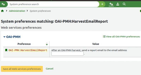 Empty text input box for the new OAI-PMH:HarvestEmailReport system preference on the Koha staff client