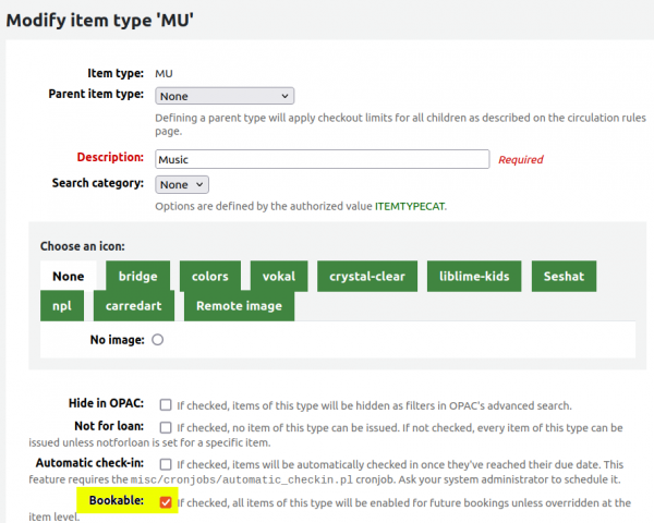 Highlighted yellow box around the selected 'Bookable' checkbox on the edit 'Music' item type form