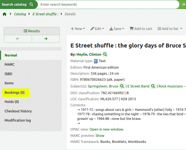 Bookings' tab highlighted yellow on a biblio detail page on the Koha staff client.