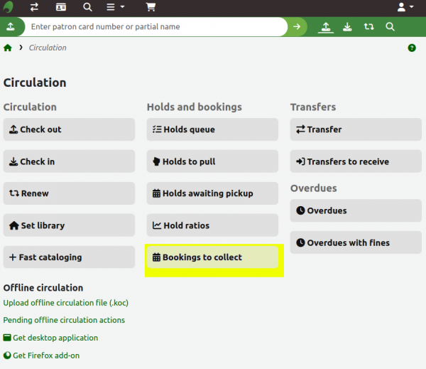 The new 'Bookings to collect' report highlighted yellow on the Koha staff client circulation home page