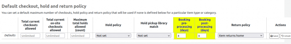Highlighting in yellow a default booking pre-processing window of 3 days and a default booking post processing window of 3 days in the 'Default checkout, hold and return policy' table.