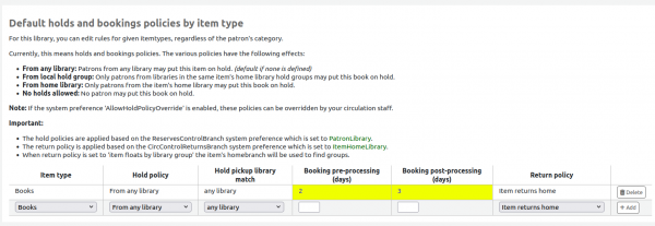  A yellow box highlighting 'Booking pre-processing' window set to 2 days and a 'Booking post-processing' window set to 3 days.