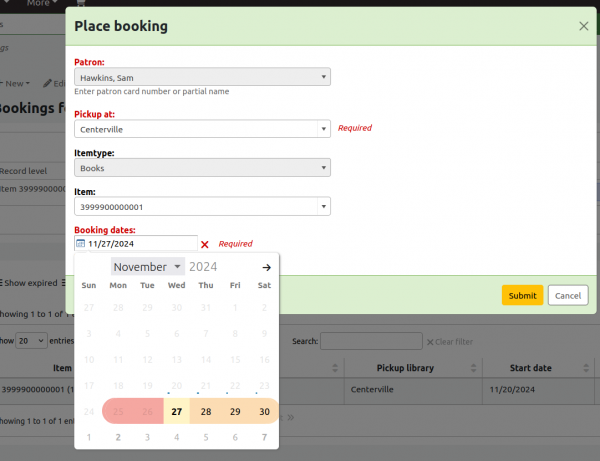 Place booking pop-up window showing a single day booking highlighted yellow on 27 Nov 2024. The pre-processing window of 2 days beforehand is highlighted apricot. The post processing window of 3 days afterwards is highlighted orange.