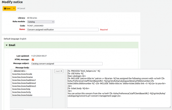 Modify notice' page for the new TICKET_ASSIGNED notice with the email tab displaying editable message subject and message body text input fields.
