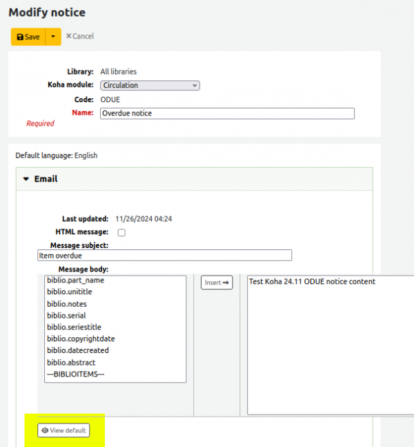 The new 'View default' button highlighted yellow in the email content tab of the ODUE notice.
