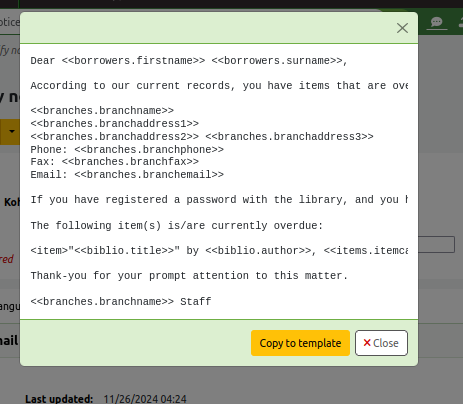'View default' pop-up showing the original stock content of the Koha ODUE notice.