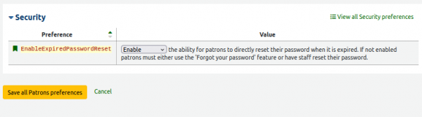 The existing EnableExpiredPasswordReset syspref set to 'Enable'.