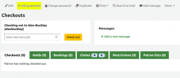The new 'Add guarantee' button highlighted yellow on a library staff patron account.