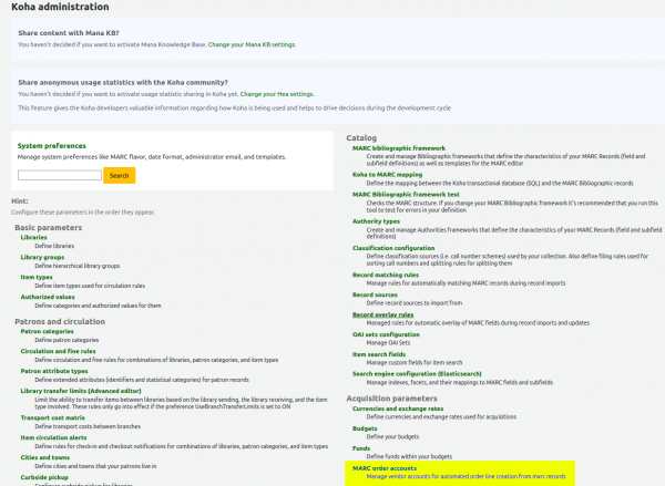 The new ‘MARC order accounts’ form page with the vendor and fund dropdowns set, a value in the ‘Download directory’ input field and the ‘Check for embedded item record data’ setting set to yes.