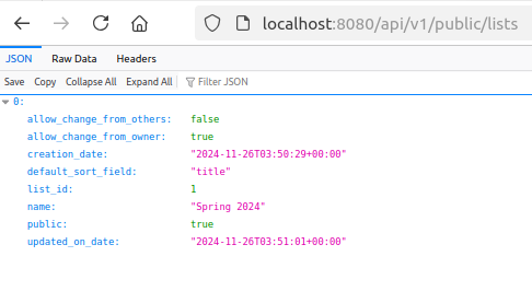 Data output from a call to the new /public/lists Koha API endpoint.