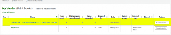  new basket is highlighted yellow for the ‘My vendor’ vendor in the acquisitions module