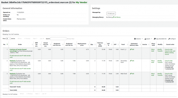The automatically created basket showing 3 orderlines populated with prices from the MARC file.