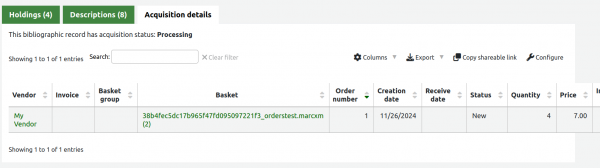 The Acquisition details of a biblio detail page showing the basket and orderline details which were automatically created by the automated MARC ordering process.