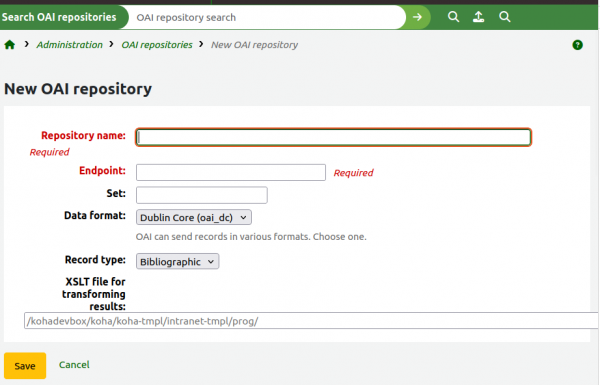 Empty text input fields on the new OAI Repositories page where libraries can define repositories for Koha to harvest from.