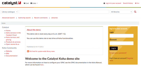 The Catalyst Koha demo site OPAC, displaying the local login box on the right.