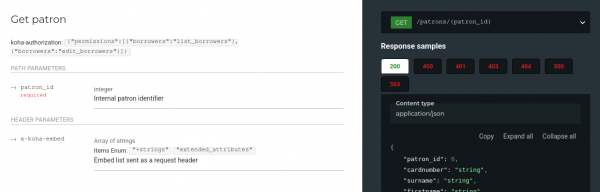 Snippet of the documentation for the Koha getPatron API endpoint.