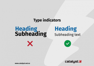 Type indicators. A bad example of a heading followed by a subheading the same size. Then a good example of a heading and a smaller subheading following heading hierarchies