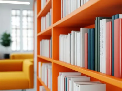 Colourful library books on an orange shelving system
