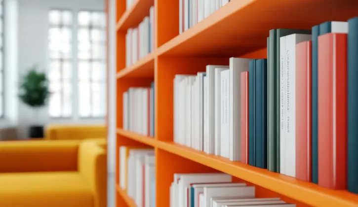 Colourful library books on an orange shelving system