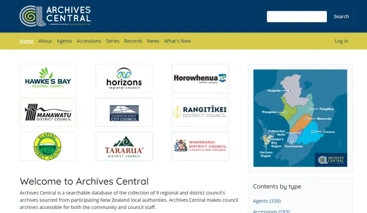 Screenshot of Archives Central homepage which presents the 9 regional and district councils archives and provides the option to search