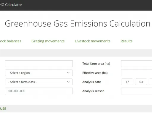 Screenshot of Beef + Lamb CHG Caluculator Greenhouse Gas Emissions Calculation with the options to fill in the details about your farm