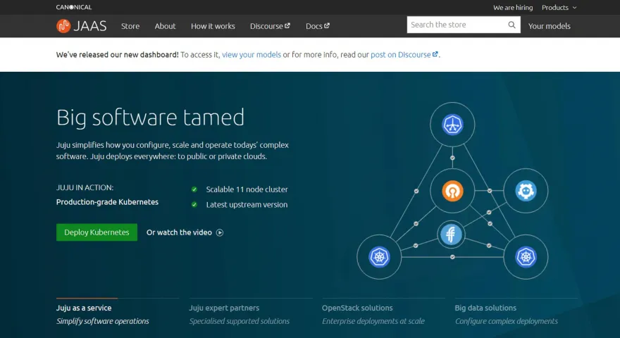 Screenshot of the Canonical JAAS page showcasing an overview of JUJU with options to deploy Kubernetes or watch a video 