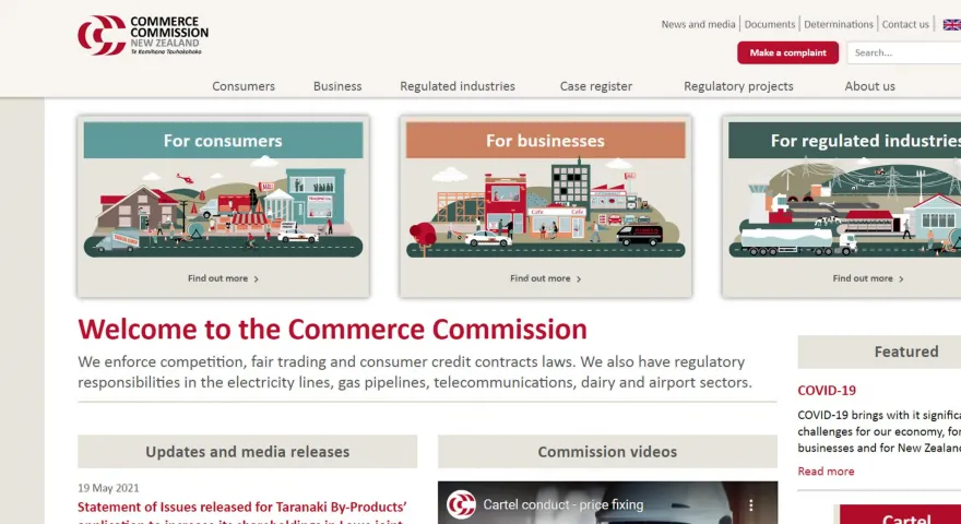 Screenshot of the Commerce Commision website showcasing options for consumers businesses and regulated industries