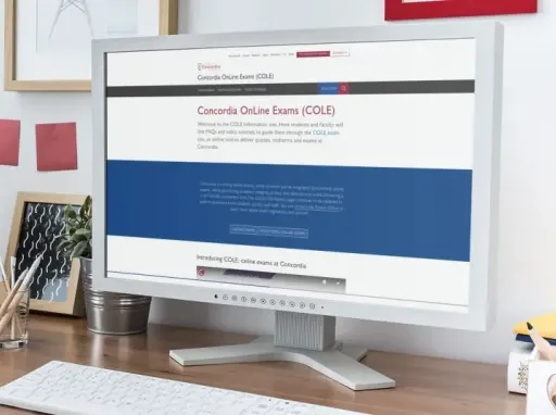 Computer monitor showcasing an introduction page on Concordia Online Exams COLE
