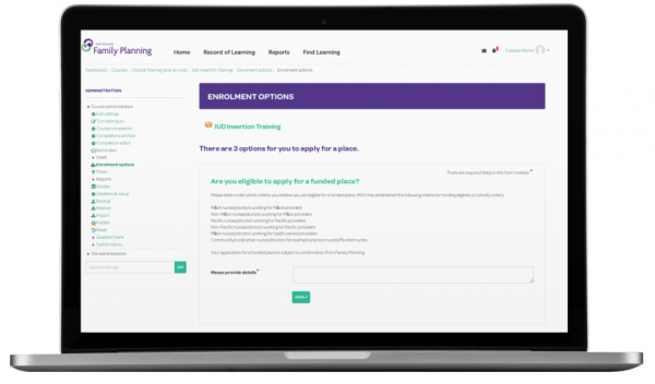 A laptop open on the enrolment options on the Family Planning website