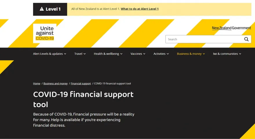 Screenshot of the Unite against COVID 19 website on the COVID 19 financial support tool