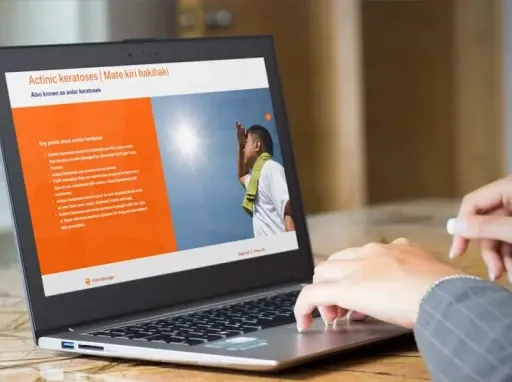 A laptop displays Healthifys website displaying the results for Actinic keratoses