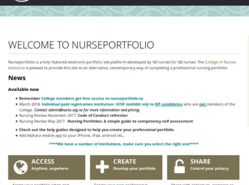 Screenshot of the College of Nurses Aotearoa new practice portfolio website showcasing the options to create access and share portfolios
