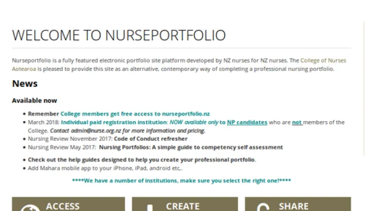 Screenshot of the College of Nurses Aotearoa new practice portfolio website showcasing the options to create access and share portfolios