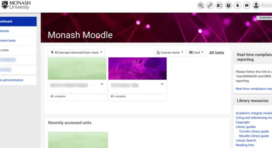 Screenshot of Monash Universitys Moodle LMSs dashboard displaying course options