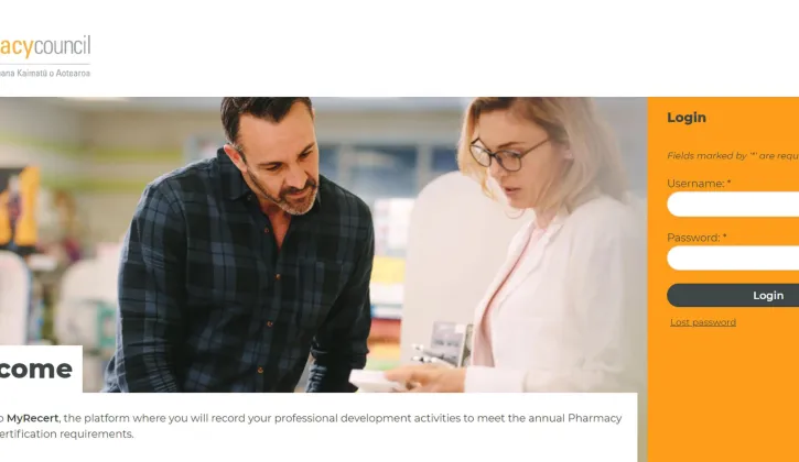 Screenshot of the Pharmacy Councils website MyRecerts login page
