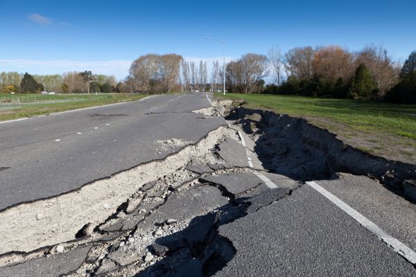A road that has fractured from earthquake damage