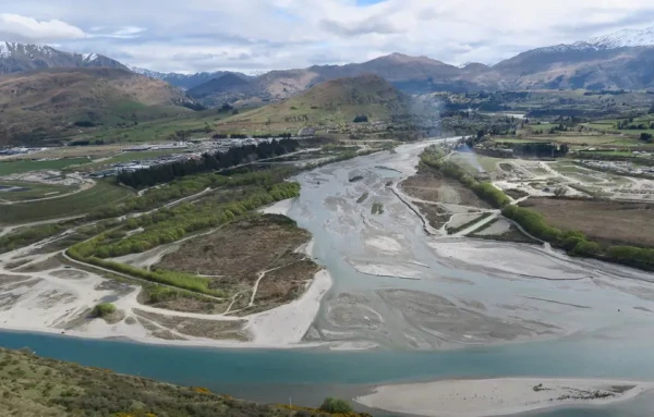 An aerial view of a flooded area of land