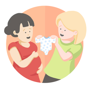 An illustration of a pregnant woman looks at a baby's onesie that another woman holds up. They smile at each other