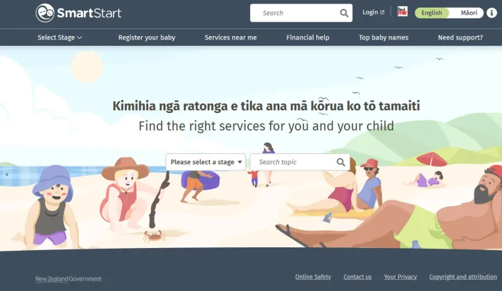 Screenshot of the SmartStart homepage featuring a search bar and a dropdown to enable users to find services for their child.