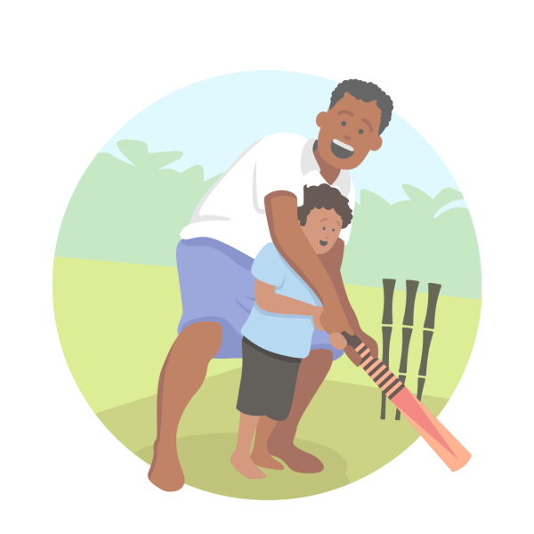 Illustration of a dad and son playing cricket. The dad's arms are wrapped around his son's as he hold the bat