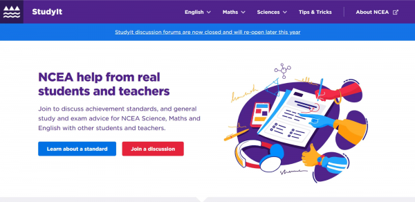 Screenshot of the StudyIt homepage which presents the heading NCEA help from real students and teachers and provides options to learn about a standard or join a discussion