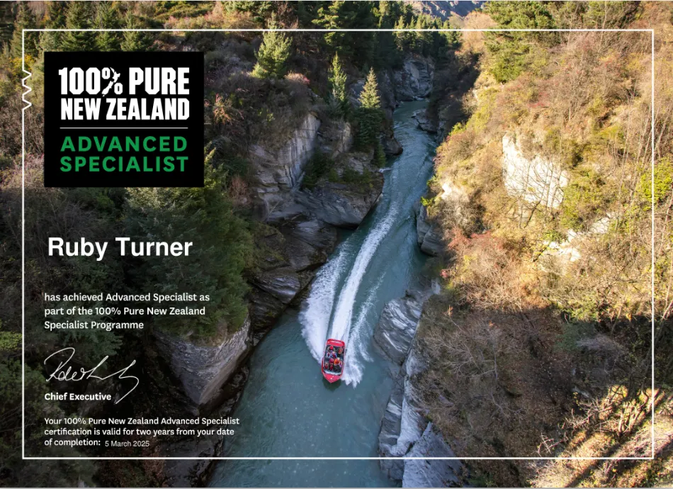 A 100% pure New Zealand Advanced Specialist certificate for Ruby Turner. It is signed and on top of an image of a jet boat down a stream