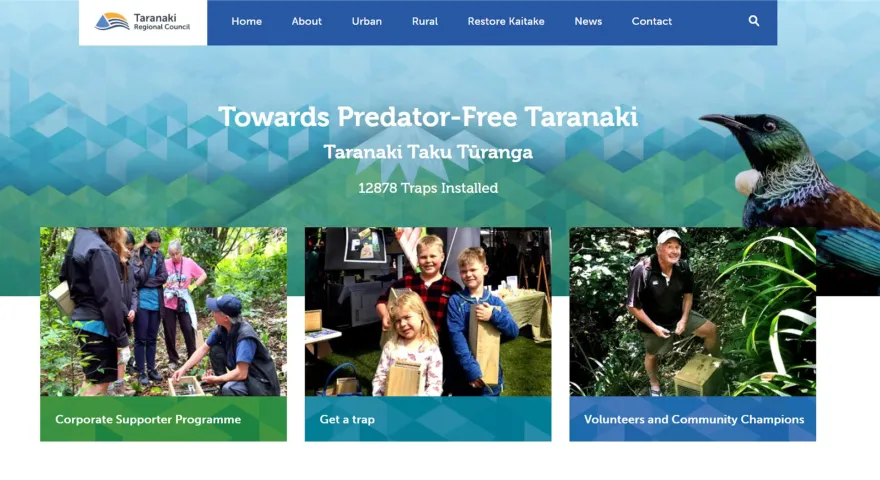 Screenshot of the Taranaki Regional Council website showcasing the Towards Predator Free Taranaki website with options to volunteer get a trap and check out the corporate supporter programme