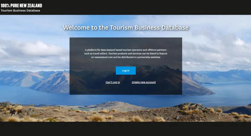 Screenshot of 100 Pure New Zealand Tourism Business Database website login page