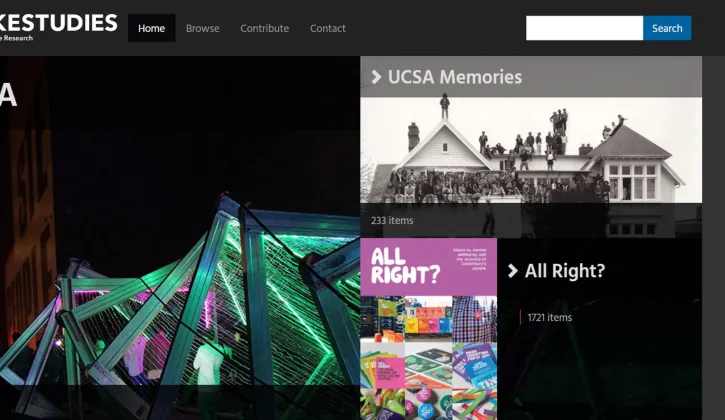 Screenshot of the Quakestudies website with the option to search and view UCSA Memories
